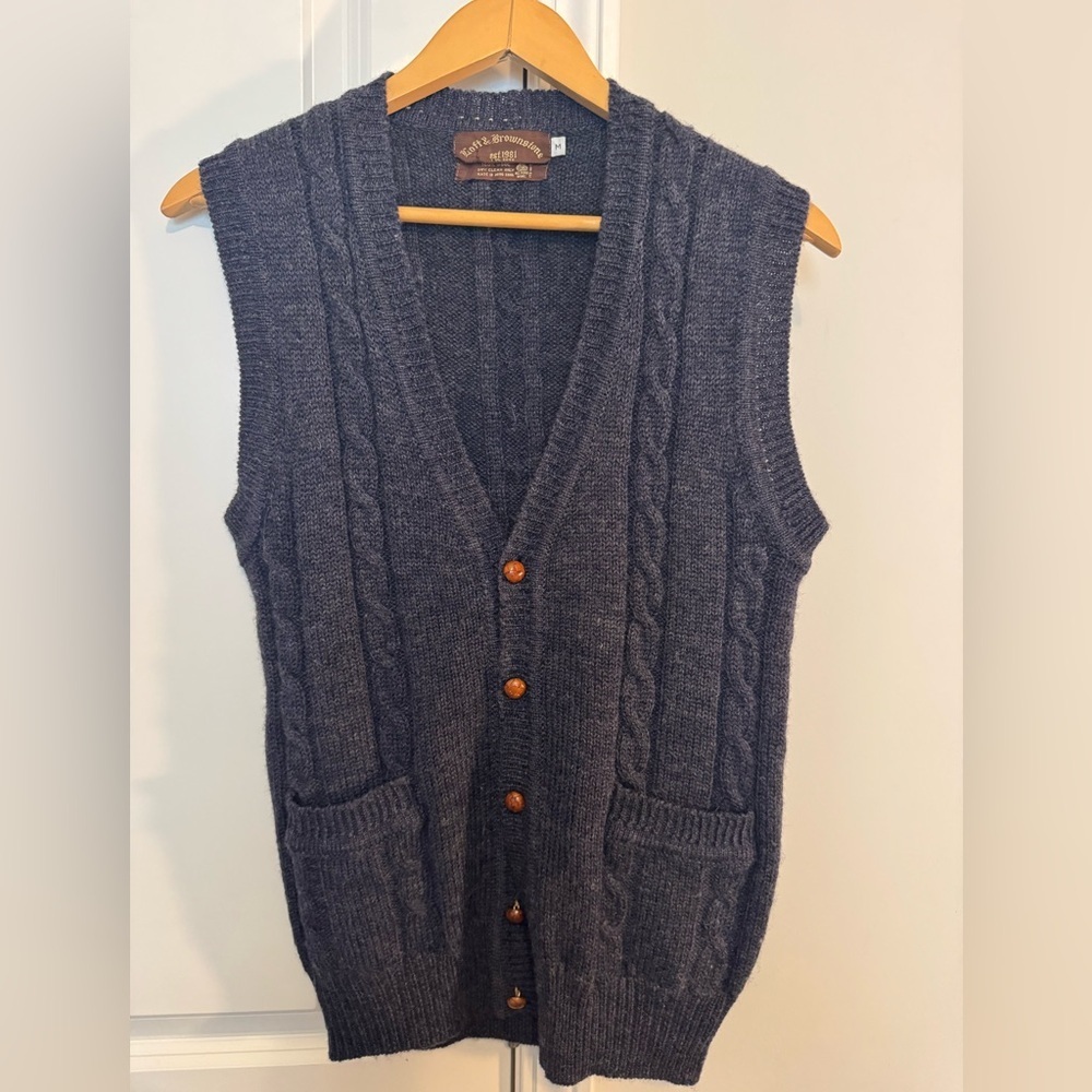 Loft & Brownstone Wool Cable Knit Blue/Gray Vest with Wooden Buttons